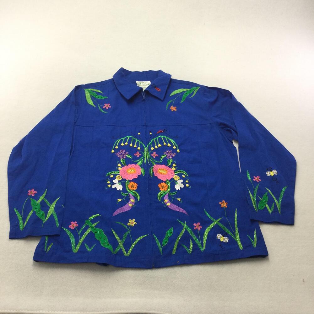 Quacker Factory Jacket Womens Large Blue Embroidered Butterfly Floral Garden